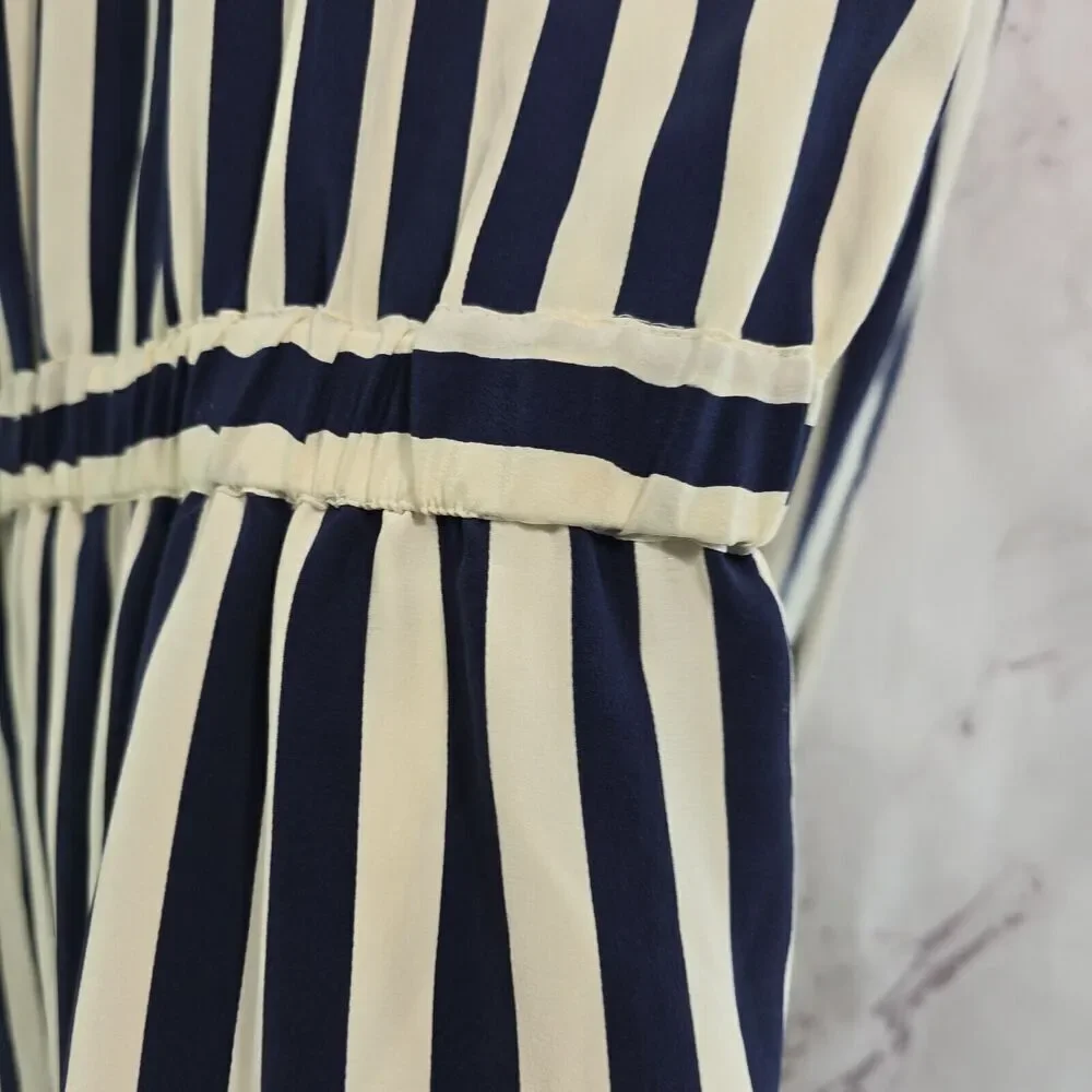Vintage Silk Dress Womens Large 12 Navy Cream White Midi Maxi Striped Talbots - Picture 11 of 16